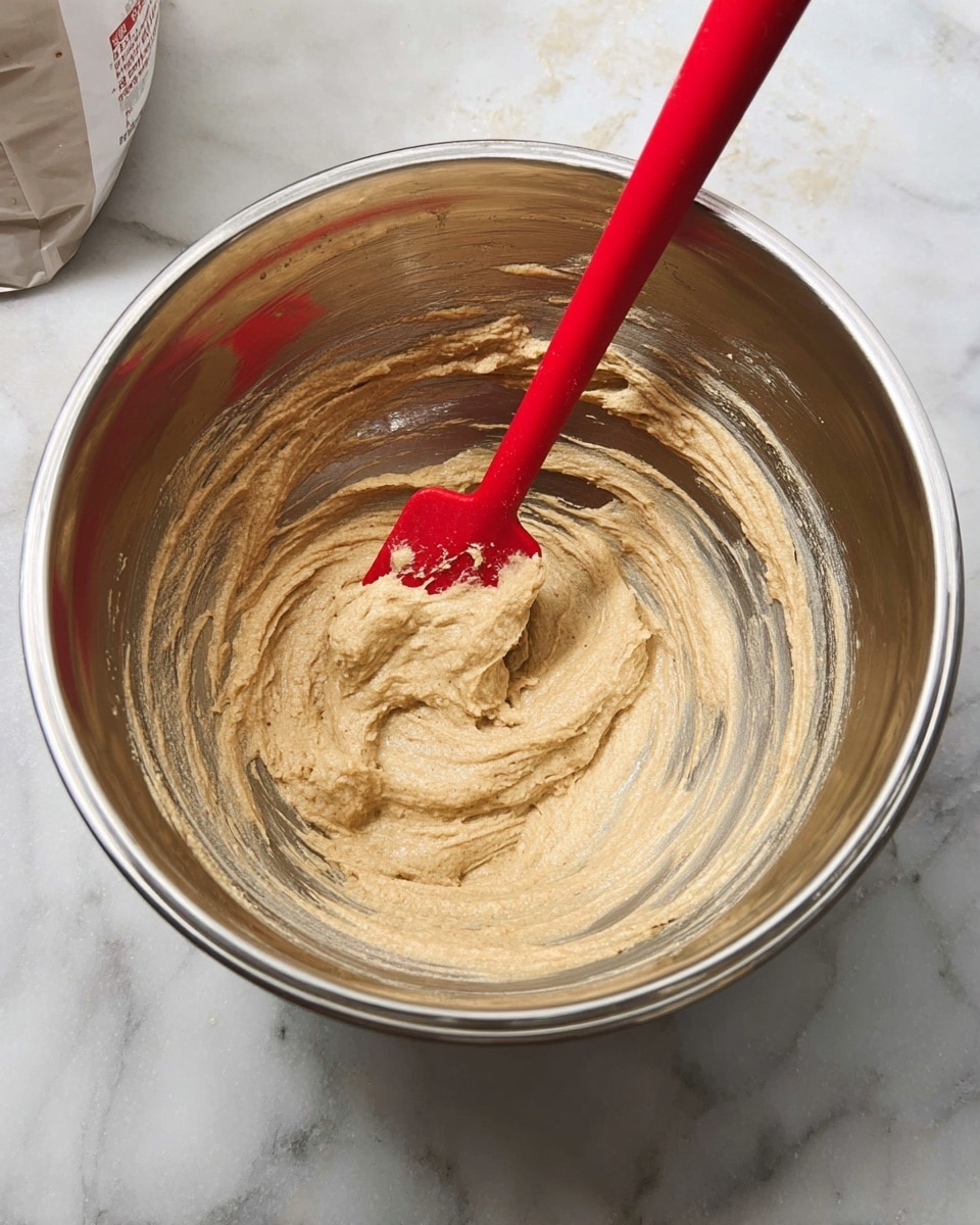 A shiny silver metal bowl sits on a white marbled surface, containing a thick beige batter with a smooth, slightly grainy texture. A bright red spatula with traces of batter rests inside the bowl, positioned upright and leaning slightly to the side. The batter spreads unevenly around the bowl's base and sides, showing swirl marks from mixing. The scene has a casual kitchen feel with a partially visible white bag in the background. photo taken with an iphone --ar 4:5 --v 7