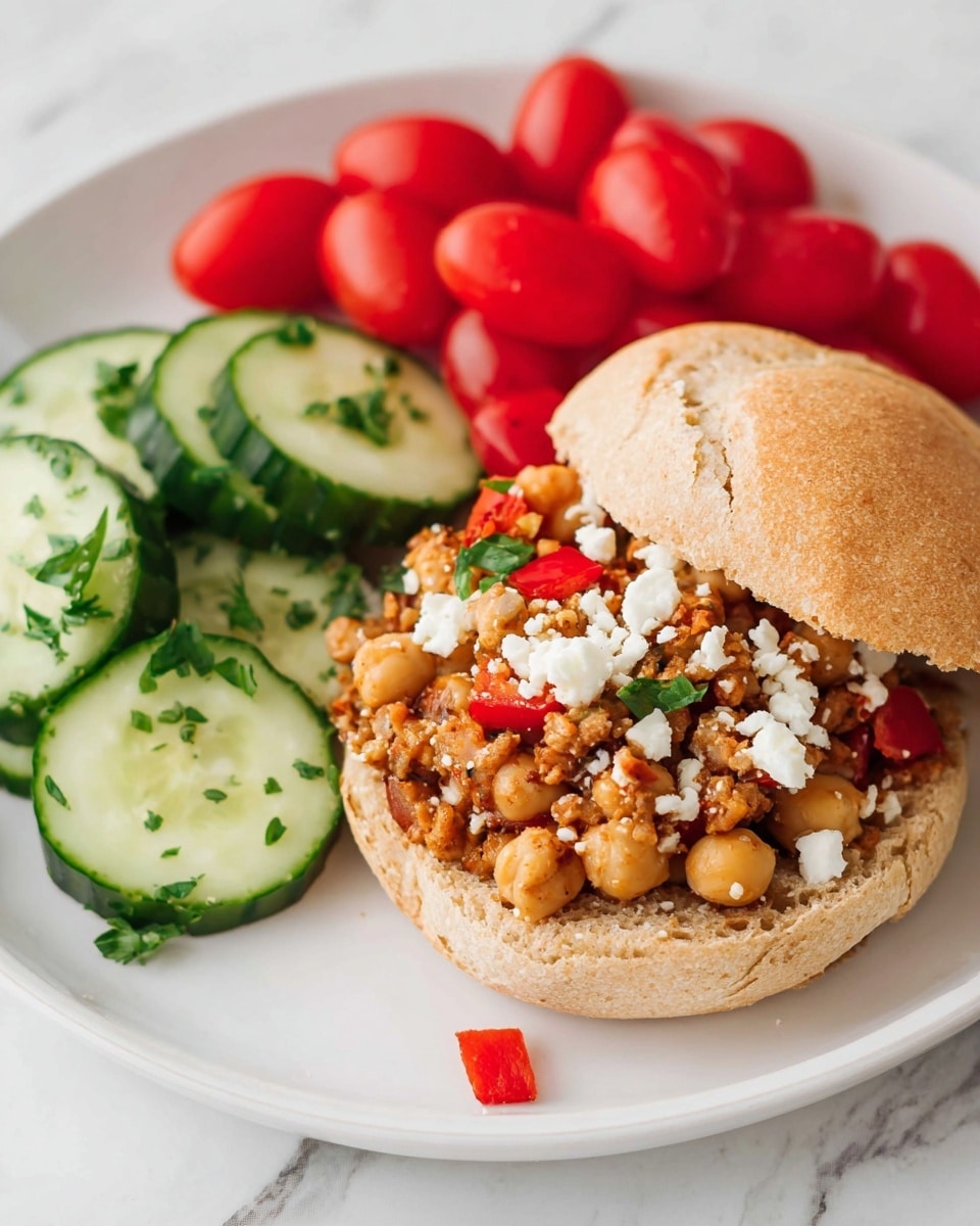 A white plate with a sandwich on the right side, made of a whole wheat bun with visible soft texture on top. The sandwich filling has a mix of beige chickpeas, ground meat with a brownish tone, and small red bell pepper pieces, all topped with white crumbled cheese. To the left of the sandwich, there are several cucumber slices, dark green on the edges with light green centers, sprinkled with small bits of chopped parsley. Behind the sandwich and cucumbers, there is a pile of bright red grape tomatoes. The plate sits on a white marbled surface. photo taken with an iphone --ar 4:5 --v 7