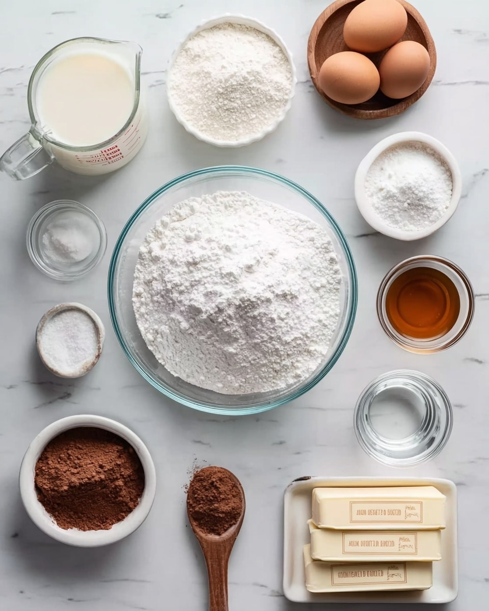 A white marbled surface holds several clear glass bowls and white dishes with baking ingredients arranged neatly. At the center is a large clear glass bowl filled with white powdered sugar. To the bottom left, there's a bowl of white granulated sugar and next to it, a small wooden spoon with a small amount of white powder on the surface. Above the powdered sugar bowl is a small round clear bowl containing a white powdery ingredient. To the top left is a large clear measuring cup filled with milk. On the top right, a white dish holds white granulated sugar, and next to it, a small white dish contains light brown liquid, likely vanilla extract. Below that, a medium white bowl holds brown cocoa powder. To the right of the powdered sugar bowl is a clear measuring cup filled with water. At the bottom right, two wrapped sticks of butter labeled