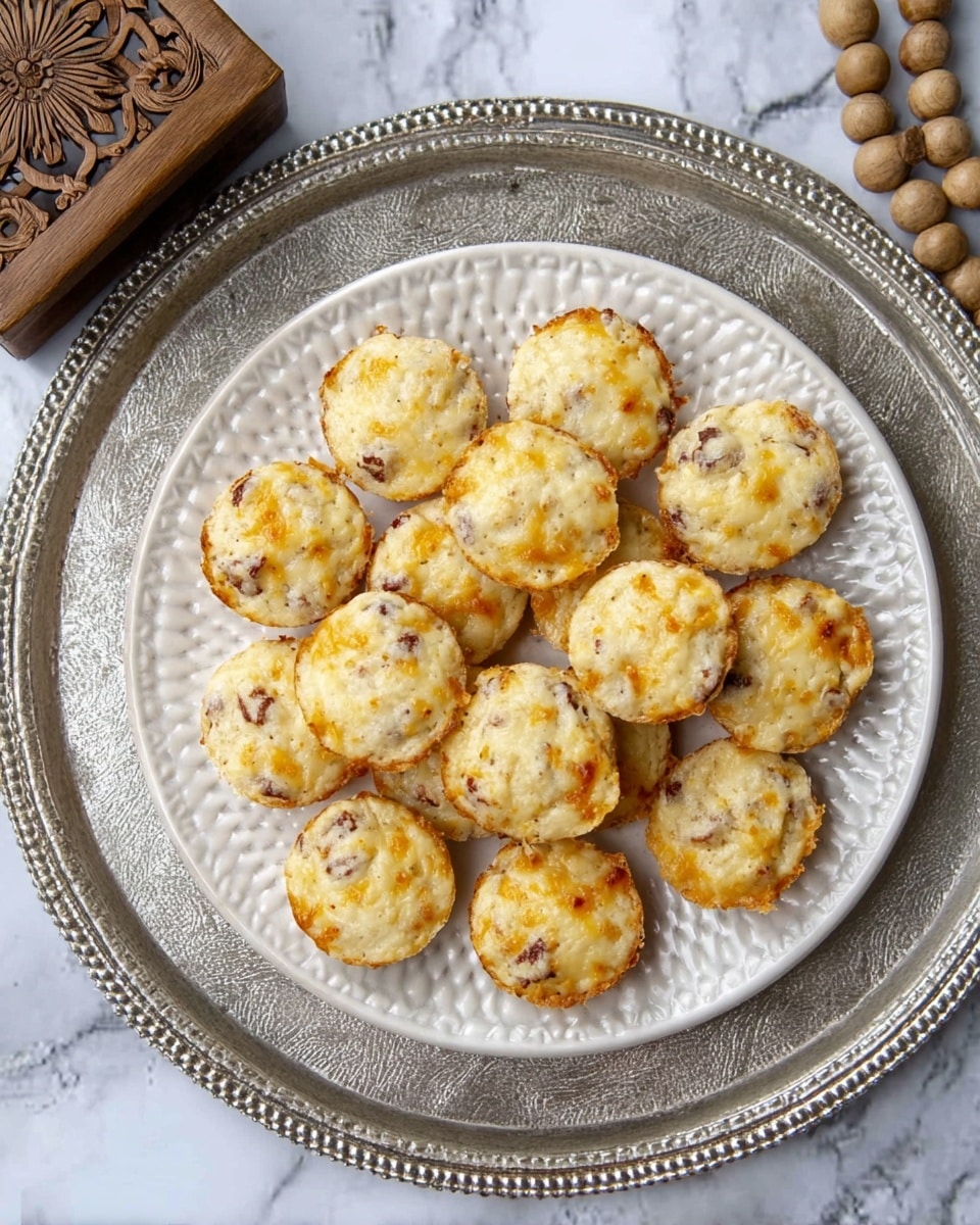 A white plate with a textured pattern holds fifteen small round muffins arranged closely together. The muffins have a light golden-brown top with melted cheese and small dark bits spread throughout the soft surface. The plate is placed in the center of a large, round metallic tray with a slightly worn, rustic silver color and beaded edge detail. The tray rests on a white marbled surface, with wooden beads and a small wooden box with carved floral design partially visible near the top left corner. The lighting is soft, showing the texture and detail clearly. Photo taken with an iphone --ar 4:5 --v 7