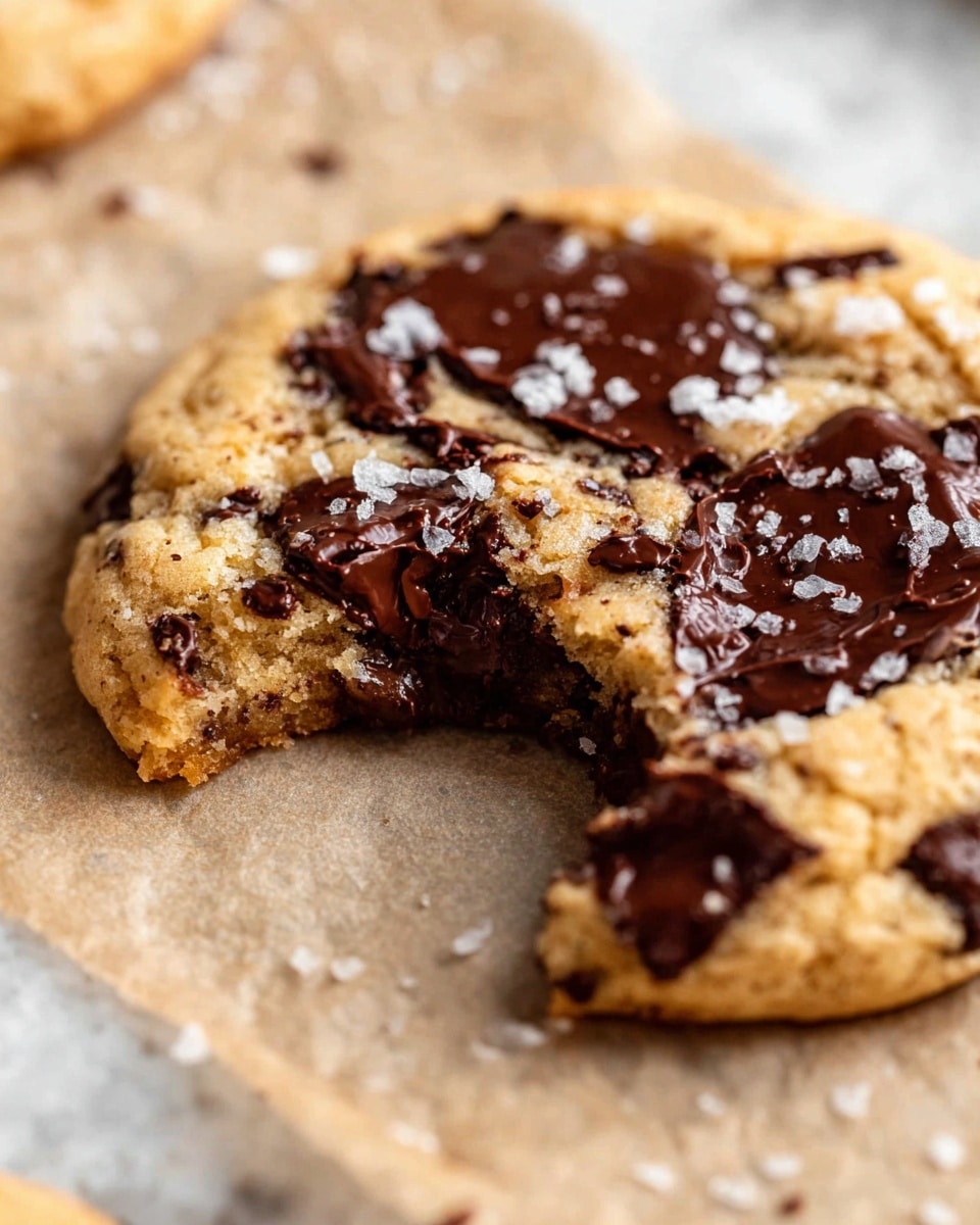 A close-up view of a soft, thick cookie with one bite taken out of its side. The cookie's base is a light golden brown with a slightly crumbly texture. Spread generously on top and inside are large, dark brown chocolate chunks that look melted and shiny. Sprinkled lightly on the surface are small flakes of white salt. The cookie rests on plain parchment paper over a white marbled surface. photo taken with an iphone --ar 4:5 --v 7