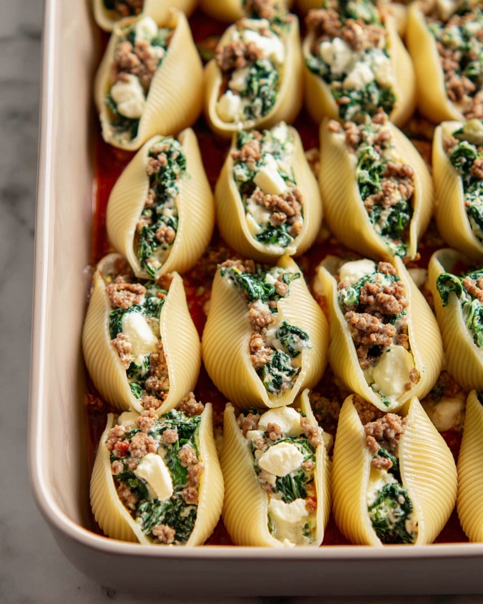 The image shows a baking dish filled with large pasta shells arranged closely in rows. Each shell is stuffed with a mixture of white cheese, green wilted spinach, and small pieces of cooked ground meat. The pasta shells are a light yellow color with ribbed texture on the outside, and there is a red sauce layer underneath them, partially visible at the bottom edges. The dish is placed on a white marbled surface. The scene looks bright and focused closely on the food. photo taken with an iphone --ar 4:5 --v 7