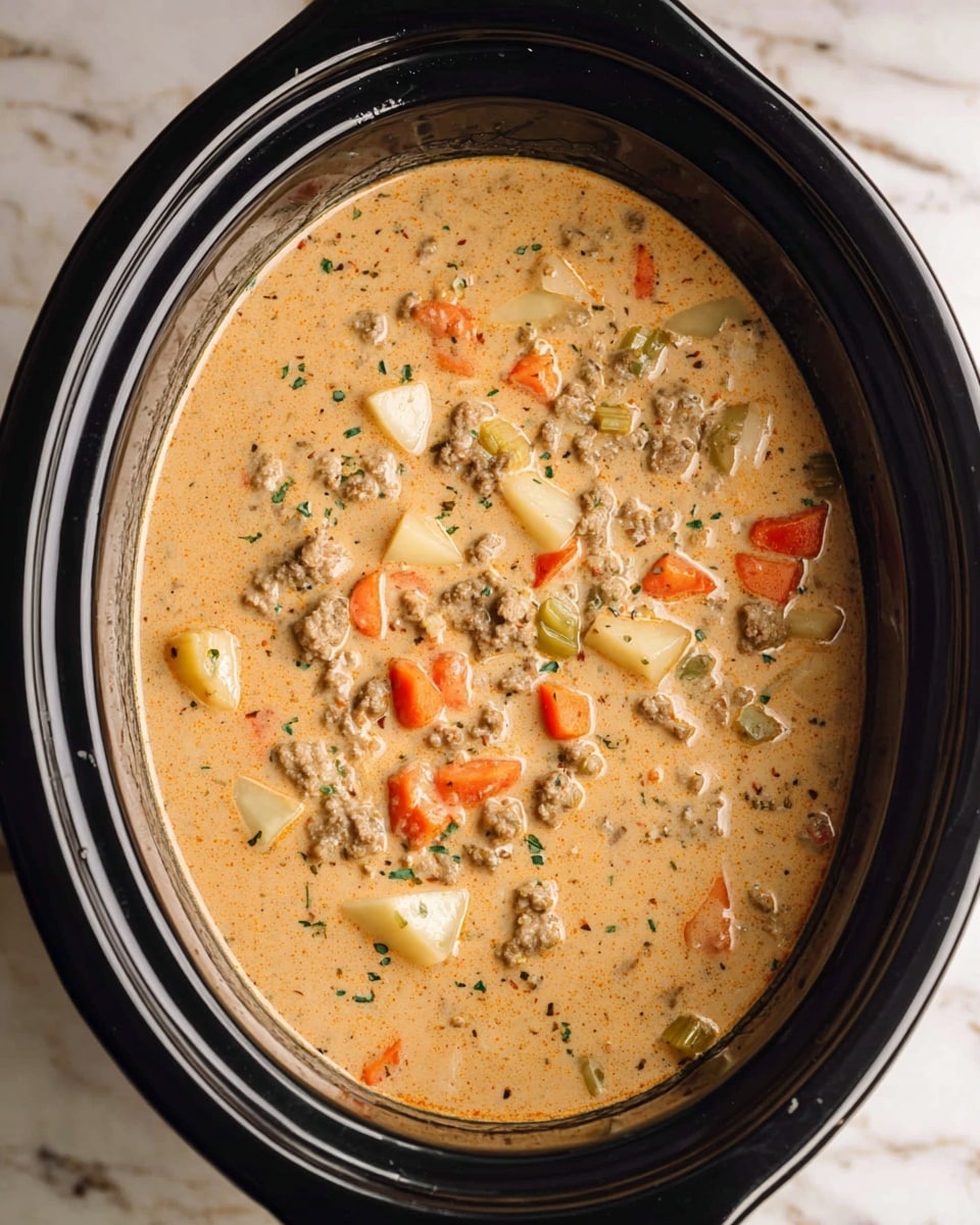 The image shows a slow cooker filled with creamy soup that has a light brown color. The soup contains small chunks of orange carrots, white potatoes, green celery, and bits of cooked ground meat spread evenly throughout. The slow cooker is black and sits on a white marbled surface. The soup has a smooth, slightly thick texture with visible small herbs and spices floating inside. photo taken with an iphone --ar 4:5 --v 7