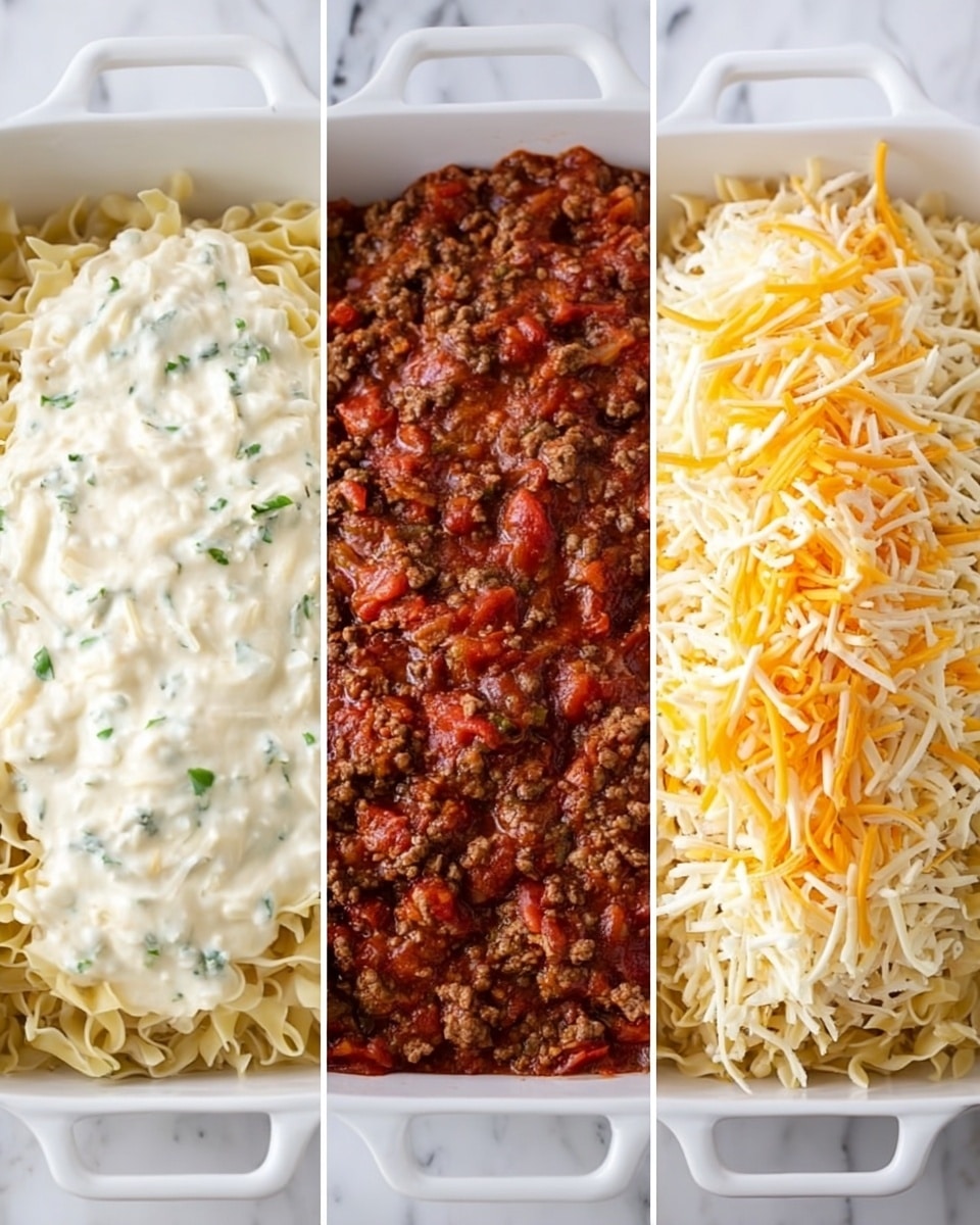 The image shows three stages of a layered pasta dish in a white rectangular dish on a white marbled surface. The first layer is creamy and white with cooked noodles mixed with a creamy sauce, showing a smooth texture with some flecks of green. The second layer sits on top and is a thick red-brown sauce with cooked ground meat mixed with tomato pieces, creating a chunky and rich look. The last layer is shredded cheese, a mix of pale yellow and orange colors, loosely spread over the meat sauce with visible strands. Photo taken with an iphone --ar 4:5 --v 7