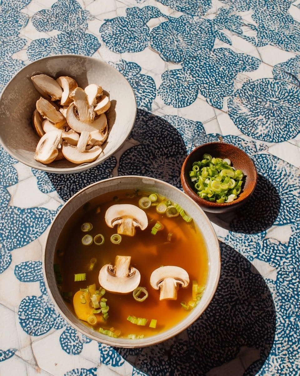 A white bowl contains thin, light brown sliced mushrooms arranged at the bottom, topped with small, bright green chopped onions scattered over them. Golden yellow broth is being poured from a shiny metal ladle held above, creating a smooth stream into the bowl. Behind the bowl, a shiny silver pot filled with the same broth reflects the blue and white patterned table beneath. To the left, a small dark wooden bowl holds more chopped green onions. The scene is set on a white marbled textured surface. Photo taken with an iphone --ar 4:5 --v 7