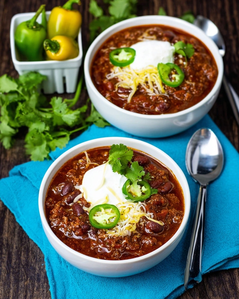 Two white bowls filled with thick, dark red chili that has visible beans and minced meat. Each bowl has one dollop of white sour cream topped with a few thin, yellow and white shredded cheese strands, two green jalapeño slices, and fresh green cilantro leaves scattered on top. The bowls sit on a bright blue cloth, placed on a dark wooden surface. To the left, there is a small white container with green and yellow jalapeños, and fresh cilantro leaves in the background. On the right, a shiny silver spoon reflects light. The whole scene is shown on a white marbled texture. photo taken with an iphone --ar 4:5 --v 7