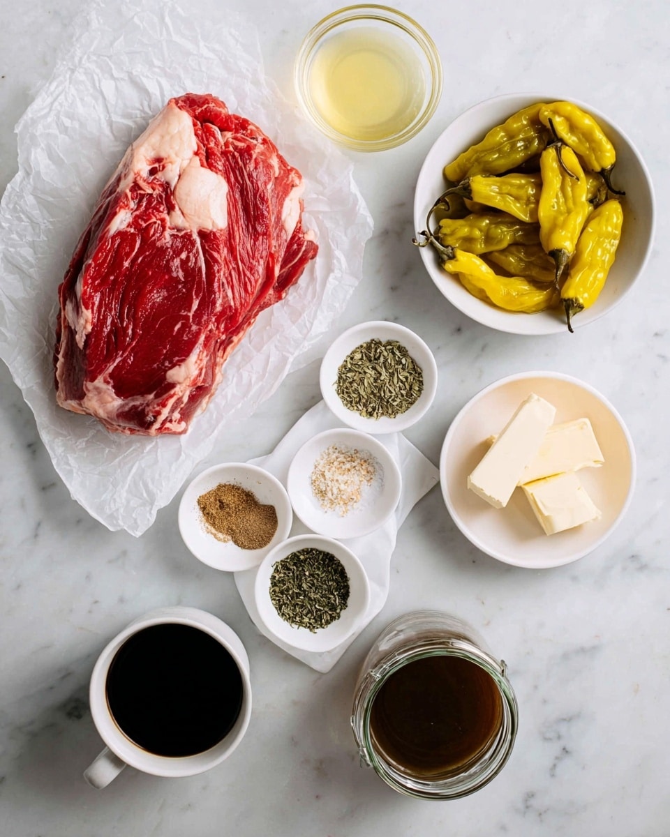 The image shows an arrangement of ingredients on a white marbled surface. At the bottom left, there is a large piece of raw red meat with white fat marbling, resting on crinkled white paper. Above it to the right, a white bowl contains bright yellow pickled peppers with stems. Next to this bowl, a clear glass bowl holds a light yellow liquid. Above that, there is a small white bowl with two pale yellow blocks of butter. Near the center top, a white bowl holds four piles of dry herbs and spices in a circle: dark green leafy herbs, light brown spices, and white salt. To the left of this, a small white cup filled with black liquid, likely coffee or soy sauce, is placed. Below this cup, there is a clear jar filled with a dark brown liquid, possibly a sauce or broth. The setup is clean and neatly organized, with all items spaced and visible clearly, photo taken with an iphone --ar 4:5 --v 7