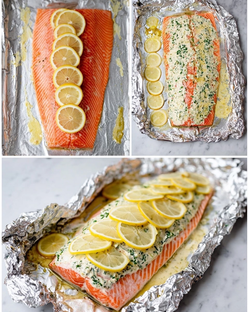 The image shows four stages of a large, bright orange salmon fillet resting on crinkled silver foil over a white marbled surface. In the first stage, the salmon is raw and plain with its scales and texture clearly visible, with five thin lemon slices and a small white bowl with a creamy herb sauce placed beside it. The second stage shows the salmon covered with a cream and green herb mixture, spread evenly in a thick white-green layer, topped with eight lemon slices spread across the surface. The third stage is a close-up of the salmon fully wrapped in foil, where the lemon slices are pressed on top and the cream-herb layer is visible through the foil’s opening. The final stage is the cooked salmon with a soft pink and white cooked texture visible under the herb mixture, the lemon slices are slightly cooked and laid on top, and the foil is opened to reveal the finished dish with slight juices around the edges. Photo taken with an iphone --ar 4:5 --v 7