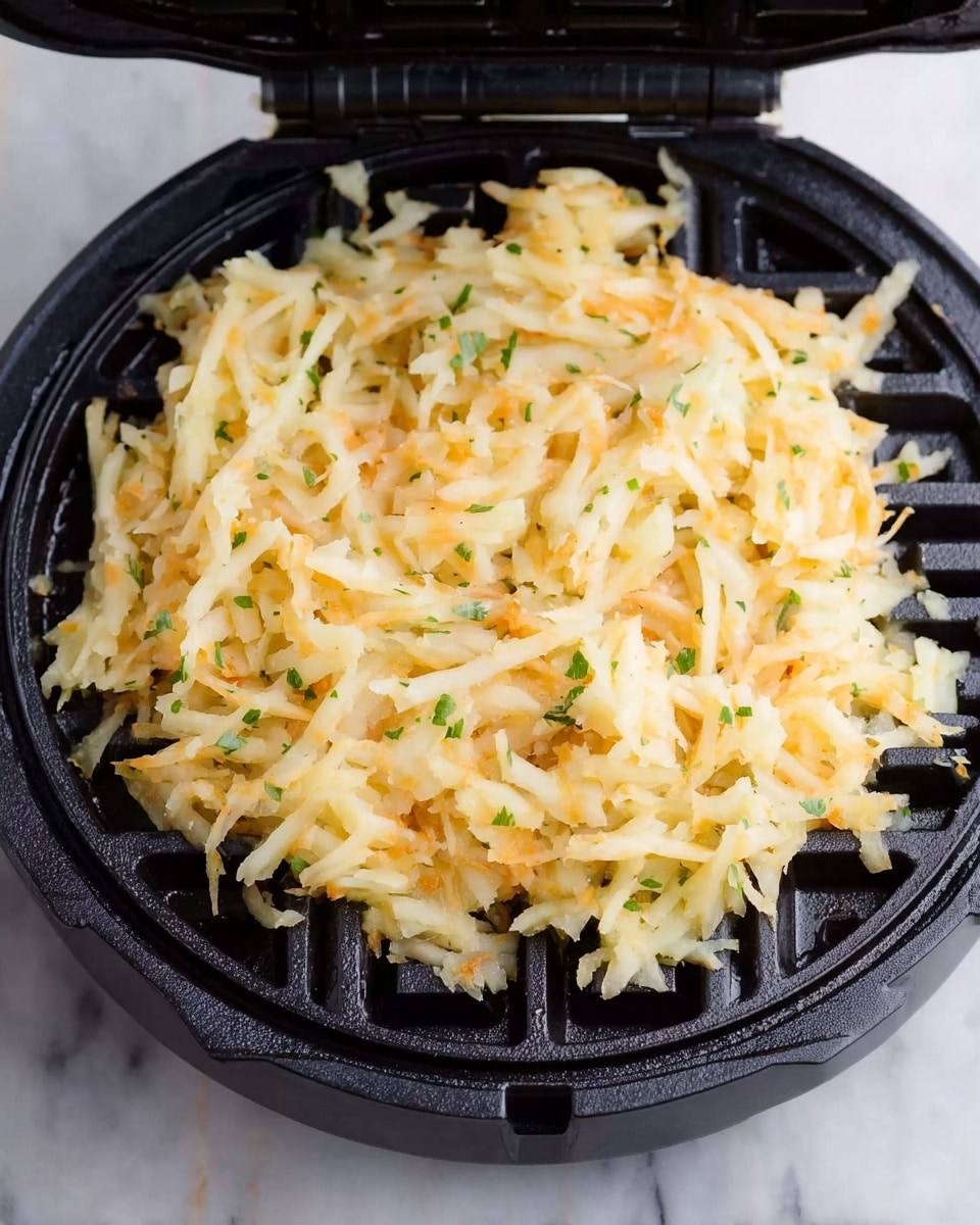 The image shows a close-up of a black waffle iron open with shredded potato mixture spread evenly inside the bottom grid. The mixture is pale yellow with some pieces of light orange and small green bits, likely chopped herbs, scattered throughout. The texture is soft and moist, with the piled potato shreds filling the waffle mold to the edges but not overflowing. The background surface is a white marbled texture. photo taken with an iphone --ar 4:5 --v 7