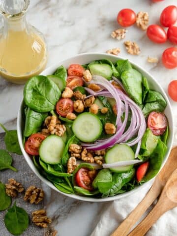 Spinach Salad with Red Wine Vinaigrette, Cherry Tomatoes, Feta, and Walnuts Recipe