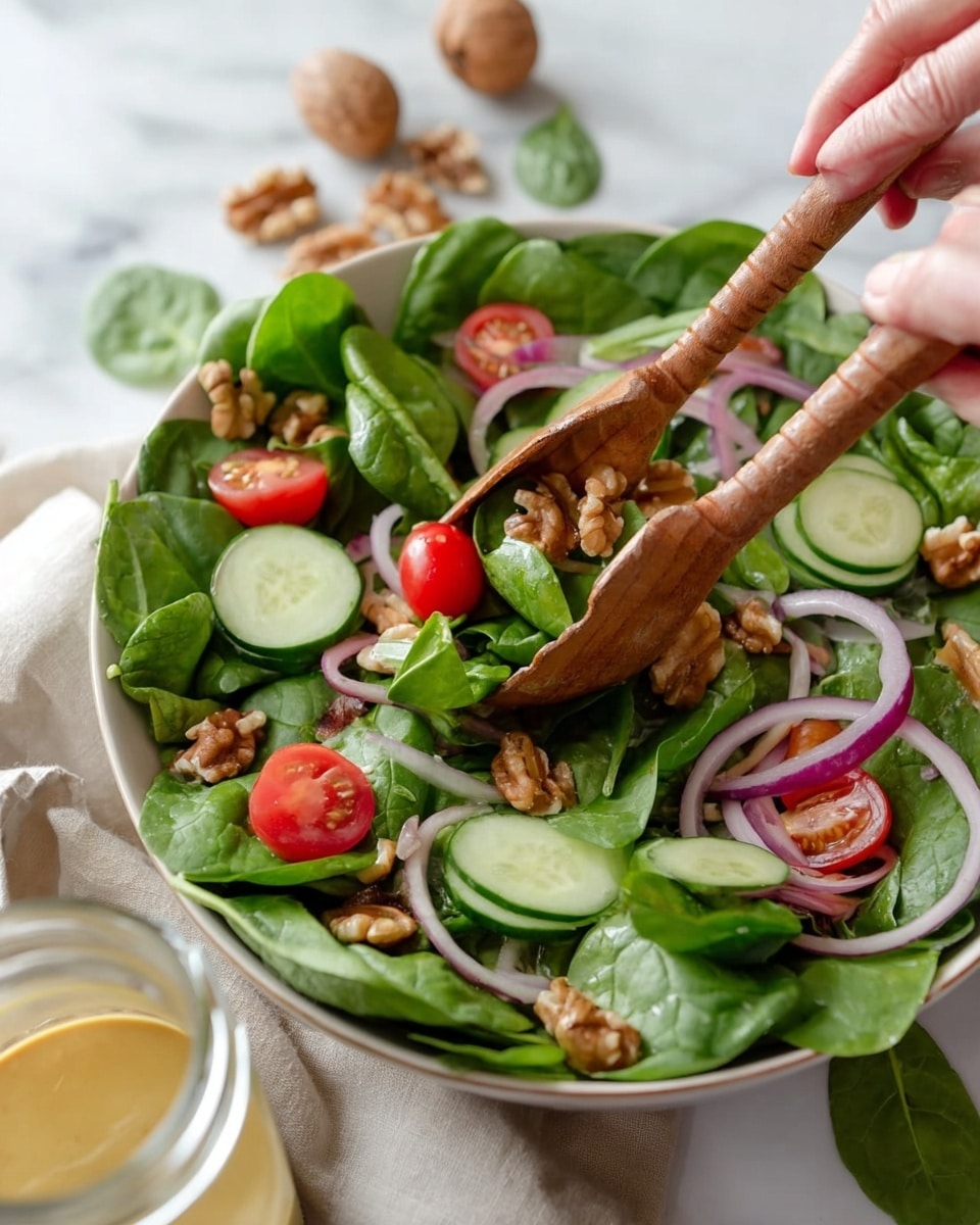 A fresh salad in a white bowl placed on a white marbled surface shows several layers starting from bright green spinach leaves at the bottom, topped with round, light green cucumber slices and halved red cherry tomatoes. Thin strips of purple-red onion are scattered on top, along with many golden brown walnuts adding texture and color contrast. Beside the bowl, there is a clear glass bottle with a light yellow dressing and wooden spoons with a white cloth nearby. Some spinach leaves, cherry tomatoes, and walnuts are scattered around the bowl for a natural look photo taken with an iphone --ar 4:5 --v 7