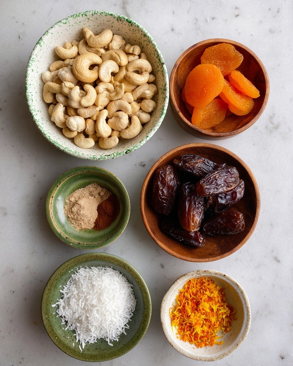 The image shows six small bowls arranged on a white marbled surface, each containing different ingredients. The largest bowl on the top left is white with green speckles and is filled with pale beige cashew nuts. To its right is a wooden bowl holding bright orange dried apricot halves. Below them, a small green ceramic bowl contains coarse salt and brown cinnamon powder side by side. Next to it, on the bottom right, is another wooden bowl filled with glossy dark brown dates. On the bottom left, there is a green ceramic bowl filled with white shredded coconut. Lastly, a small white bowl at the bottom right has bright orange and yellow zest flakes. photo taken with an iphone --ar 4:5 --v 7