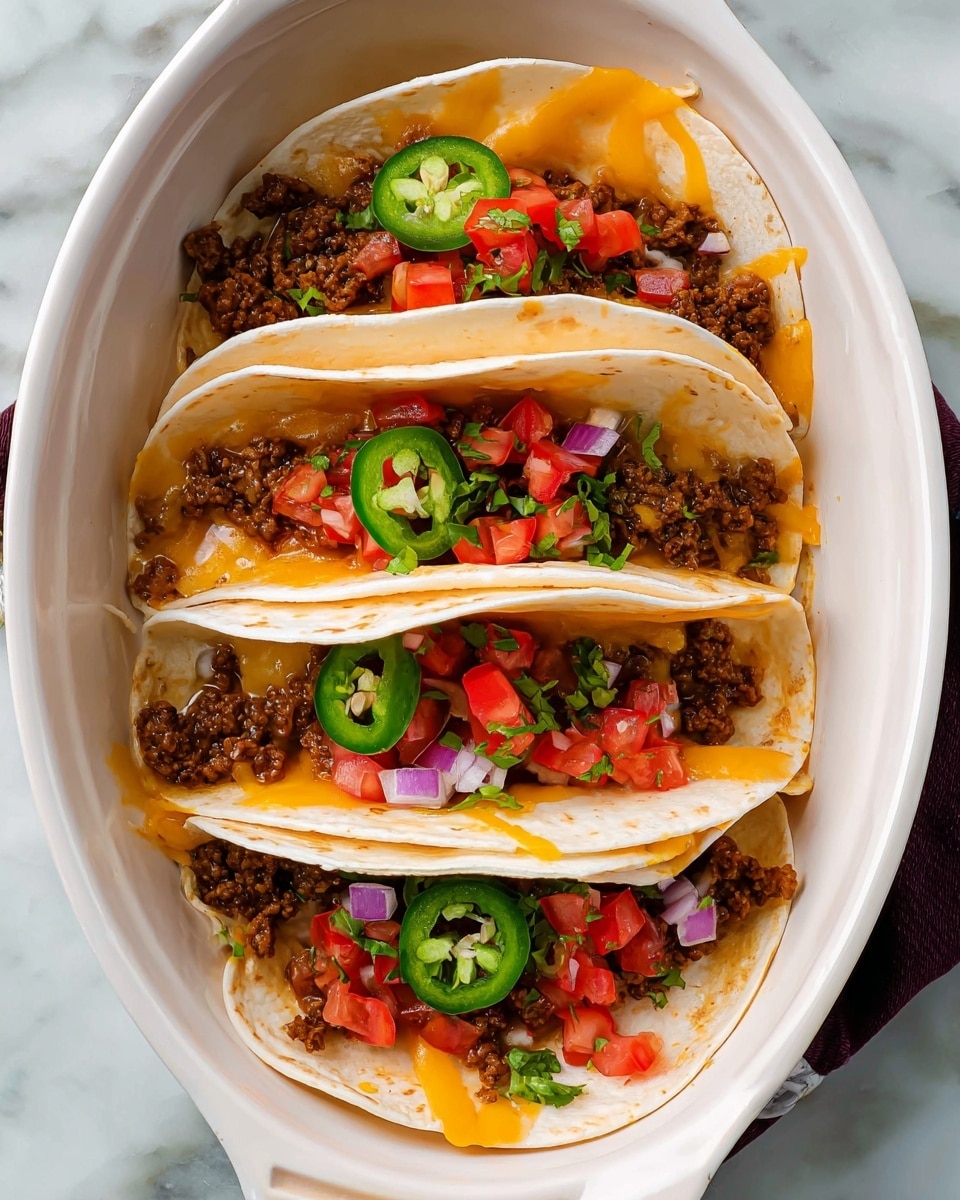Four soft white tortillas are folded and placed side by side inside a white oval dish. Each tortilla holds a layer of browned ground meat mixed with melted orange-yellow cheese visible at the edges. On top of the meat and cheese, there are small diced bright red tomatoes, finely chopped purple onions, and fresh green slices of jalapeño peppers. The melted cheese has slightly spread around the edges inside the dish, adding an orange color contrast. The whole arrangement sits on a white marbled surface. Photo taken with an iphone --ar 4:5 --v 7