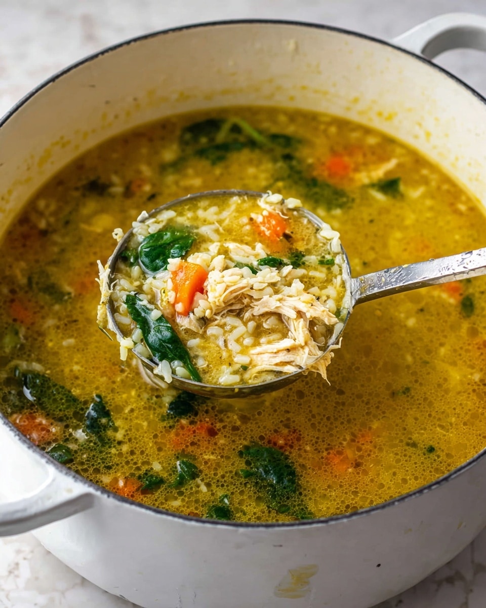 The image shows a white pot filled with a warm soup that has a yellowish broth. Inside the soup, there are visible layers including small grains of pasta or rice, orange carrot pieces, green leafy spinach, and shredded light-colored chicken. A silver ladle is lifting a portion of the soup, showing a thick mix of the grains, vegetables, and chicken in the center with the yellow broth surrounding it. The pot sits on a surface with a white marbled texture. photo taken with an iphone --ar 4:5 --v 7