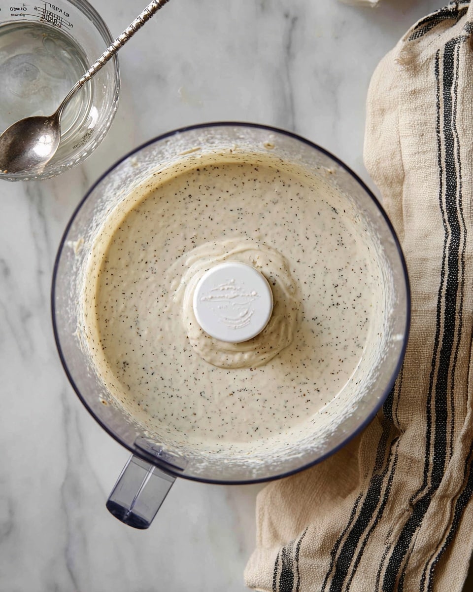 A clear glass food processor bowl with a white center blade filled with a smooth, pale creamy mixture that has small black specks evenly spread throughout. The bowl is placed on a white marbled surface with a glass measuring cup containing a metal teaspoon to the upper left and a patterned beige cloth with black stripes slightly folded on the right side. The overall scene is clean and bright. photo taken with an iphone --ar 4:5 --v 7
