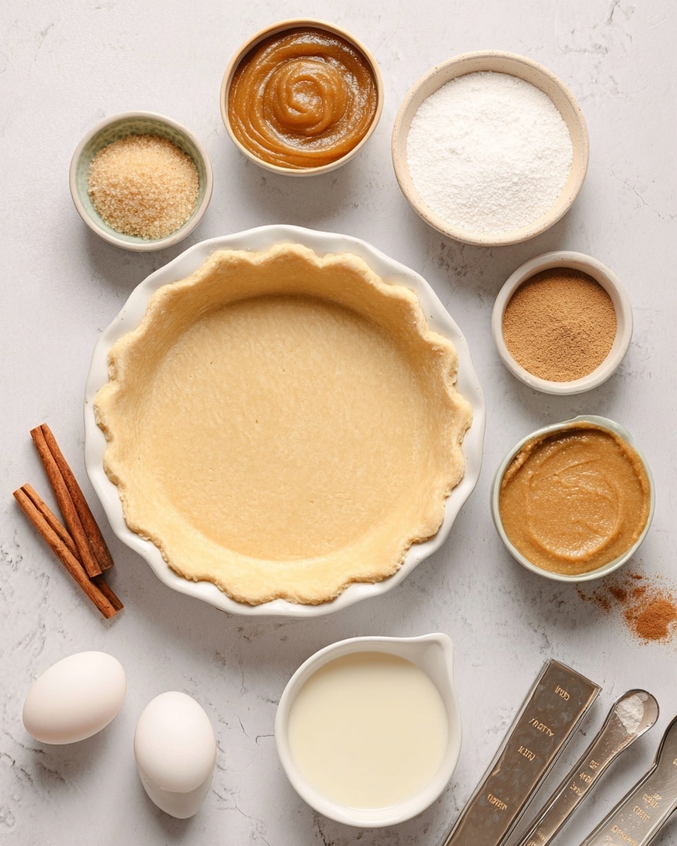 The image shows a pie crust in a round white pie dish with a thick, smooth edge pattern on top left against a white marbled surface. Surrounding the pie crust are small bowls and dishes holding different ingredients: a bowl with light brown sugar, a bowl with white granulated sugar, a small bowl with white powder, a bowl with smooth light brown pumpkin puree, and a small bowl with light brown cinnamon powder. There are two white eggs placed near the bottom left and three cinnamon sticks above them. There is a small white bowl with creamy white liquid at the bottom center, and what looks like measuring spoons with spices on the right. The layout is neat and the colors are soft and natural. photo taken with an iphone --ar 4:5 --v 7