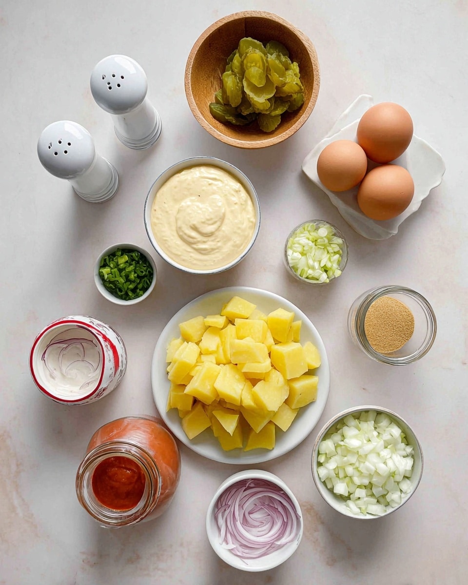 The image shows many ingredients placed neatly on a white marbled surface. At the center bottom, there is one white plate full of yellow potato chunks in various sizes. Above this plate to the right, there are three brown eggs spaced apart. To the right of the eggs, a small glass jar holds light brown powder. Next to it on the bottom right, a small white bowl is filled with diced white vegetables. Near the center of the image, there is a white bowl with a creamy, smooth, off-white mixture. Above that, a wooden bowl contains chopped green pickles. To the top left of the wooden bowl, a small white cup holds green herbs. Below, a clear glass bowl has thin rings of pink onion inside. Near the bottom left, a small white bowl with a red rim holds chopped green vegetables, and next to it, a small glass bowl contains tan mustard. Two white shakers are on the left side of the image. Near the bottom left corner, a glass bottle filled with red paprika is placed. Everything is arranged symmetrically and clearly on the plain white marbled surface. Photo taken with an iphone --ar 4:5 --v 7
