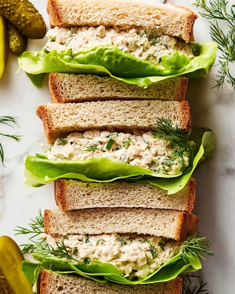 A close-up image of three sandwich halves placed side by side on a white marbled surface. Each sandwich has two layers of soft light brown bread with a slight crust. The top layer inside the sandwich is a creamy, light beige spread mixed with small green herbs, giving it a textured look. Below the spread is a fresh, crisp light green lettuce leaf that extends slightly outside the bread edges. Small green dill sprigs are scattered on the sandwich and on the white marbled surface around it. On the left side, there are a few slices of green pickles adding a splash of color. photo taken with an iphone --ar 4:5 --v 7