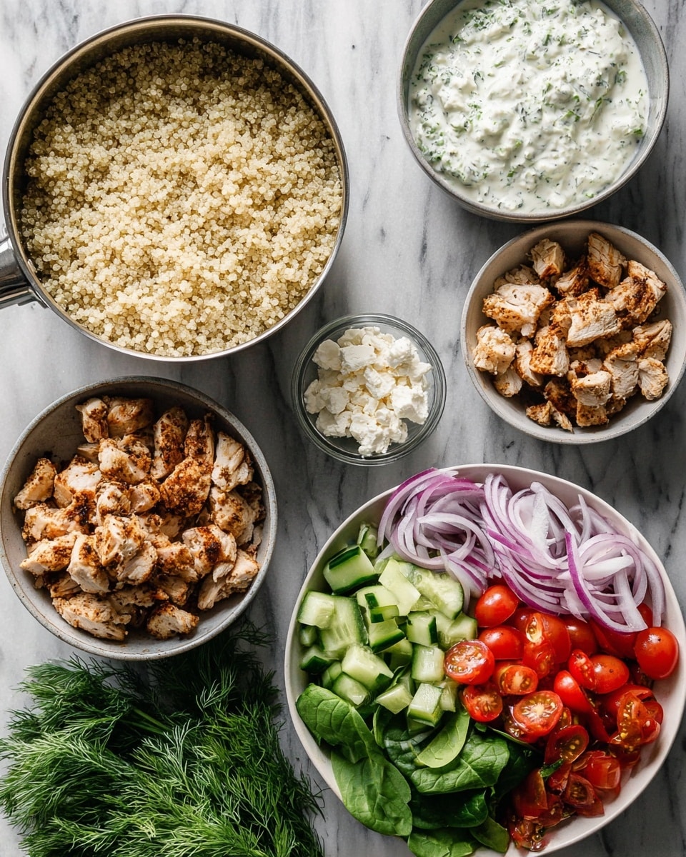 The image shows a top view of several bowls arranged on a white marbled surface. On the top left, there is a metal pot filled with fluffy cooked quinoa, light beige in color. To the right of it is a small bowl with white sauce mixed with green herbs, creamy and thick. Next to it, another small bowl holds crumbled white cheese. Below the quinoa pot is a bowl filled with browned pieces of cooked chicken, with crispy edges and a mix of light brown and golden hues. On the bottom right, a large white bowl contains fresh salad layers: sliced red cherry tomatoes, green cucumber slices, thinly sliced red onions, and leafy green spinach. A bunch of fresh green dill is placed on the white marble surface next to the bowls. The photo taken with an iphone --ar 4:5 --v 7
