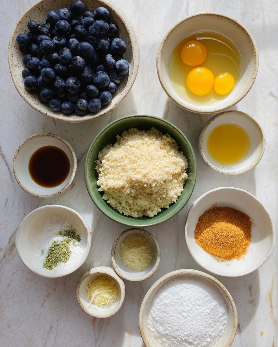 The image shows several small white bowls and a green bowl arranged on a white marbled surface, each containing different ingredients. The green bowl in the center holds a light beige crumbly mixture. Around it, a white bowl has bright yellow egg yolks, a small white bowl contains melted yellow liquid, and another small white bowl has a dark amber liquid. There is a white bowl with a white powdery substance with green spots on the sides, a small white bowl with orange-brown granulated powder, and a small beige bowl filled with a white creamy substance. Another small white bowl contains grated yellow zest, while a small white bowl near the bottom has white powder mixtures. A rustic white bowl filled with fresh, plump blueberries sits on the left side. The whole setup is on a clean white marbled surface, and the lighting is soft and natural, presenting the ingredients clearly photo taken with an iphone --ar 4:5 --v 7