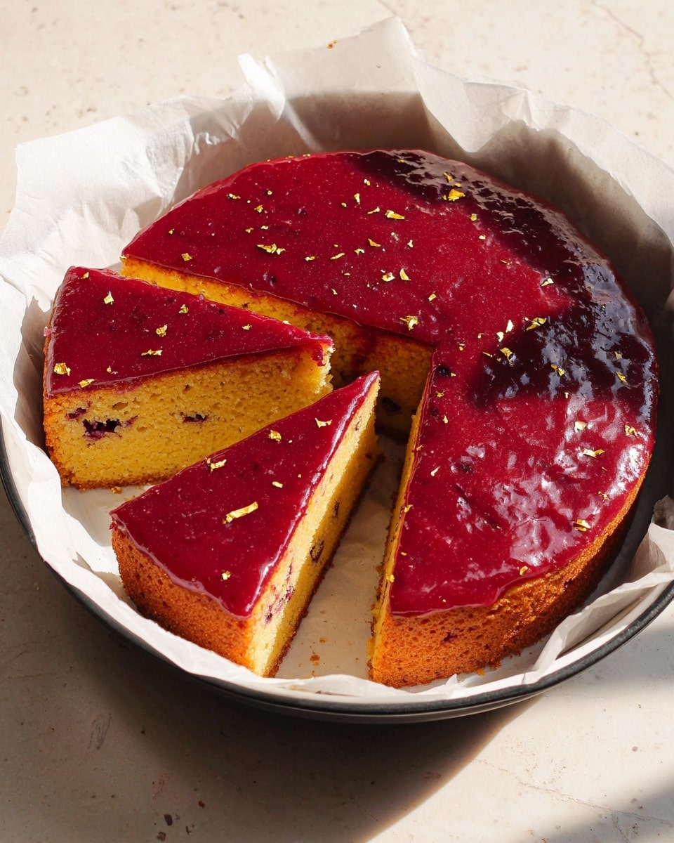 A round single-layer cake with a golden-brown texture is topped with a thick, shiny dark red glaze that drips slightly down the sides. The cake is cut into several slices, with one slice slightly pulled out, showing the soft inside. Small bits of yellow zest are sprinkled on the glaze. The cake sits on white parchment paper with two thin lemon slices tucked at the base. The setting has a white marbled surface with green blurred plants in the background. Photo taken with an iphone --ar 4:5 --v 7