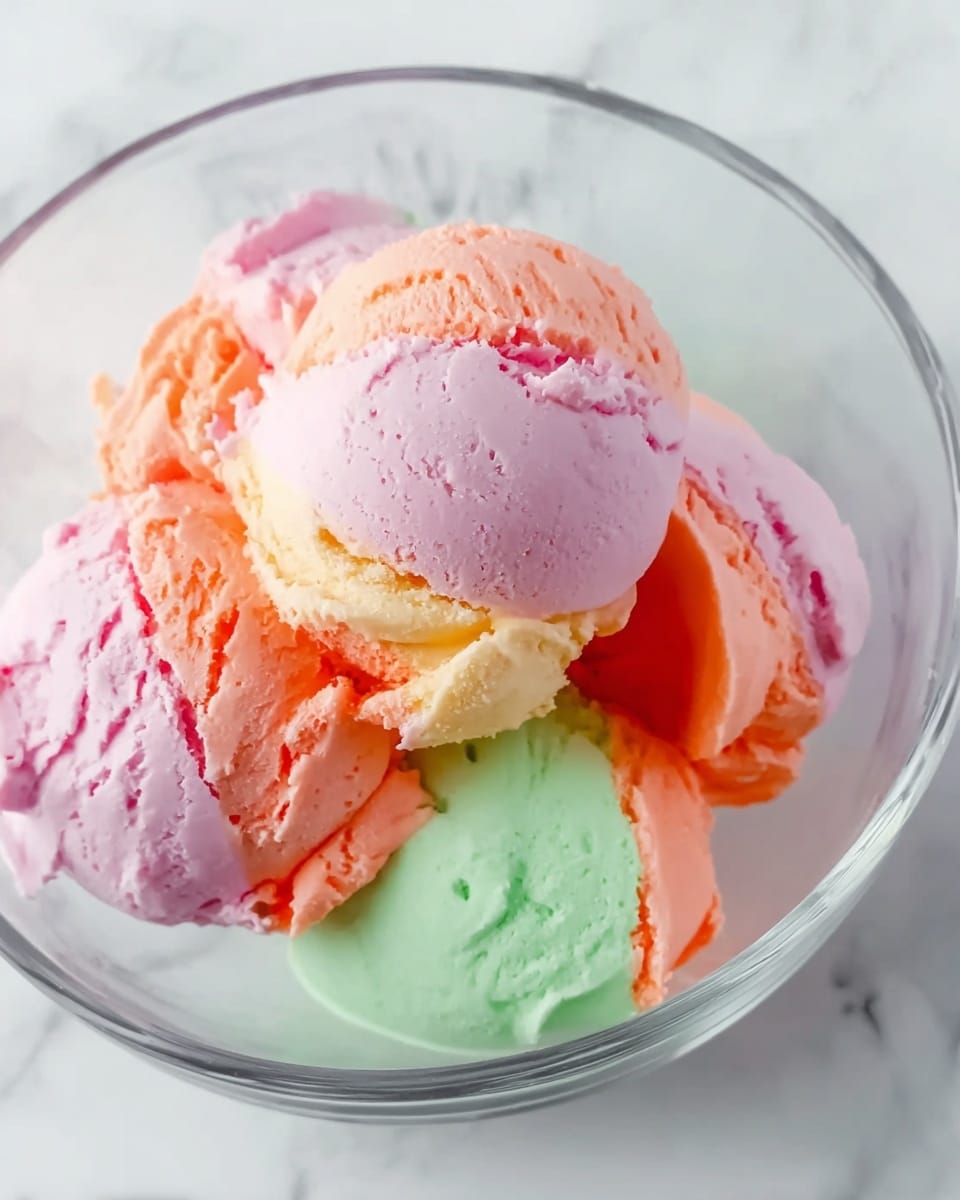 The image shows several scoops of pastel-colored ice cream in a clear glass bowl placed on a white marbled surface. The ice cream has distinct layers and colors, including pink, light orange, and light green, softly blending where they touch. The texture looks smooth and creamy, with each scoop stacked loosely in the bowl, creating a slightly layered effect. The light in the photo highlights the creaminess and gentle curves of the scoops. photo taken with an iphone --ar 4:5 --v 7