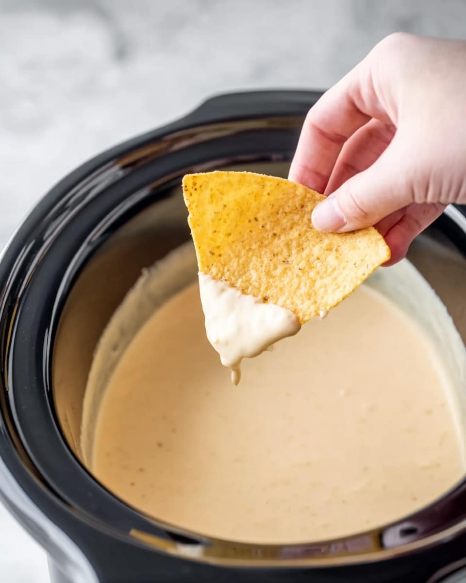 A woman's hand is holding a yellow corn chip halfway dipped into a creamy, light beige cheese sauce inside a black slow cooker. The cheese sauce is smooth and thick, coating the chip evenly. The slow cooker is placed on a white marbled surface, and the background is softly blurred, keeping the focus on the cheese dip and chip. photo taken with an iphone --ar 4:5 --v 7