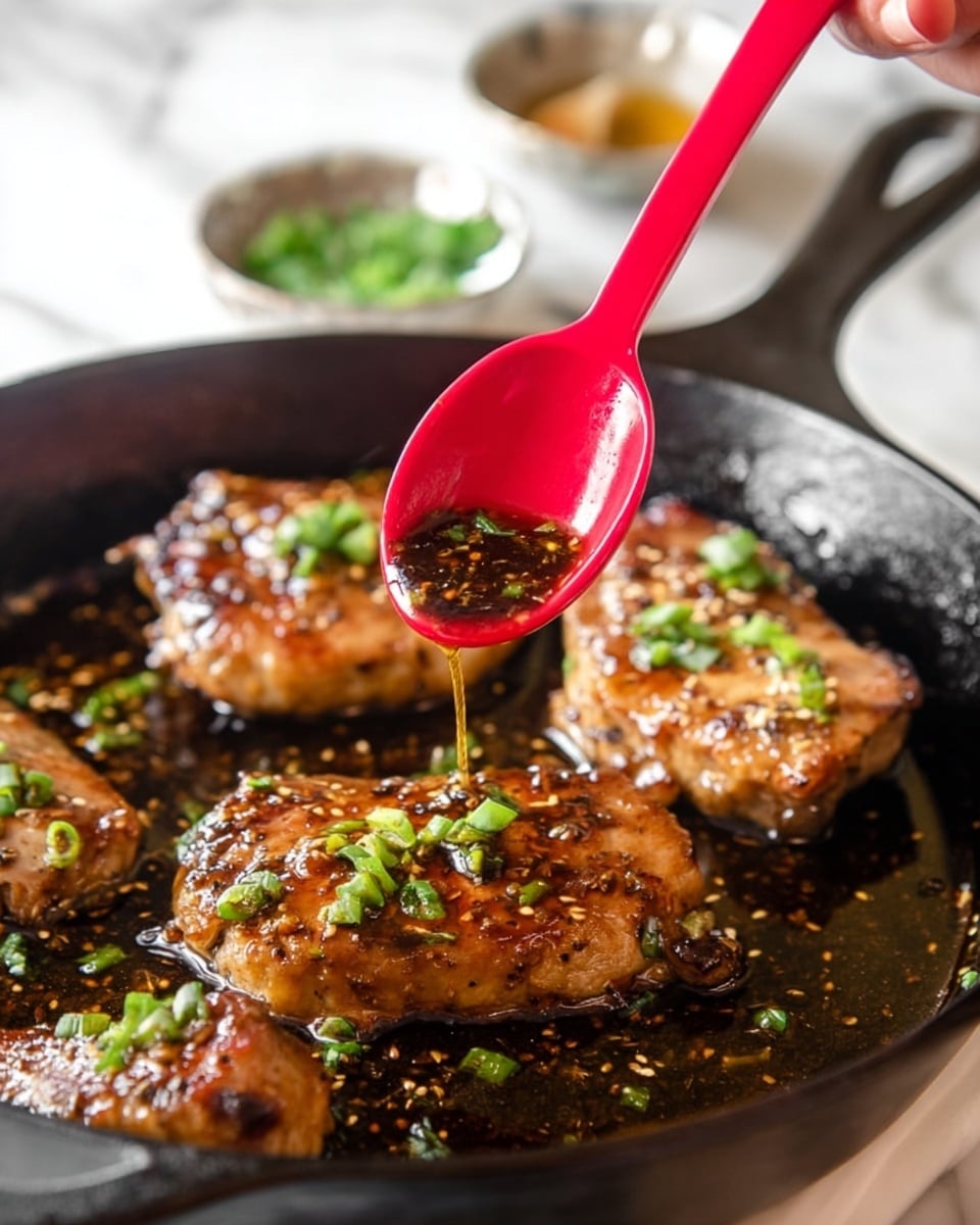 A close-up view of three cooked golden brown meat pieces in a black cast iron pan, each topped with chopped green onions. A red silicone spoon held by a woman's hand is pouring a glossy, dark brown sauce with visible sesame seeds and small bits over one piece in the center, creating shiny reflections on the meat and sauce pool at the bottom of the pan. In the background, blurred small bowls with green onions and honey are visible on a white marbled surface. photo taken with an iphone --ar 4:5 --v 7