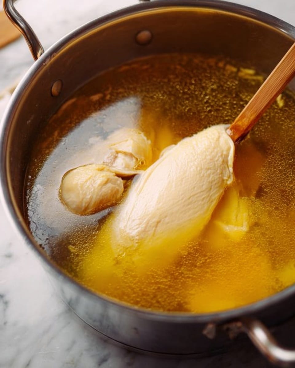 A large silver pot filled with clear golden broth, with two pieces of pale cooked chicken floating inside. One piece is larger, smooth, and pale yellow, while the other is smaller with a slight shine. A wooden chopstick is gently touching one piece of chicken. The pot shows reflections of the white marbled surface beneath it. The image is clear and close up, focusing on the textures of the chicken and broth. photo taken with an iphone --ar 4:5 --v 7
