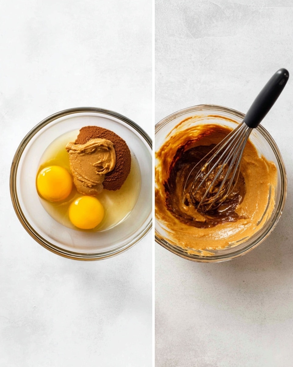 Two clear glass bowls sit side by side on a white marbled surface. The bowl on the left contains four distinct layers: two raw yellow egg yolks near the bottom, a light brown powdery layer of sugar on one side, a dollop of thick light brown peanut butter, and a small area of dark brown vanilla or syrup. The bowl on the right shows the same mixture after being stirred, creating a smooth, evenly mixed light brown batter with a slightly glossy texture. A black-handled metal whisk rests inside the right bowl, coated with the batter. photo taken with an iphone --ar 4:5 --v 7