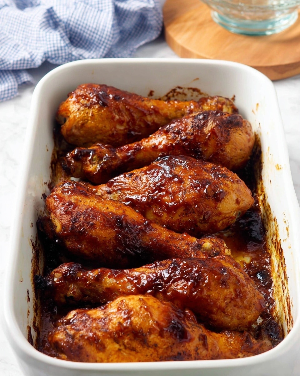 The image shows a white rectangular baking dish filled with seven cooked chicken drumsticks. Each drumstick has a crispy, browned skin with a shiny, dark reddish glaze on top, giving a slightly sticky texture. The drumsticks are arranged in a tight group inside the dish, with some browned sauce residue around the edges. The surface beneath the dish is a white marbled texture, and in the background, there is a blurred blue and white checkered cloth and a round wooden board with a glass bowl on top. Photo taken with an iphone --ar 4:5 --v 7