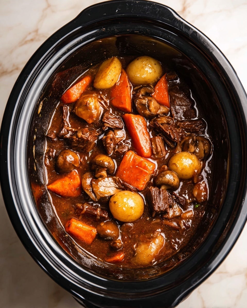 The image shows a black slow cooker filled with a rich stew made of several layers and chunks. The top layer is a brown, thick sauce covering large pieces of orange carrots, whole small round yellow potatoes, and sliced brown mushrooms. There are also tender pieces of dark brown beef meat mixed evenly throughout the dish. The surface is glossy with slight steam marks around the edge of the cooker. The cooker sits on a white marbled surface. photo taken with an iphone --ar 4:5 --v 7