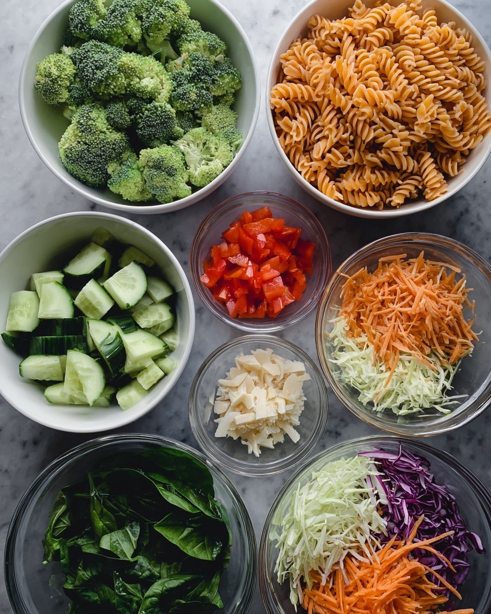 This image shows six white bowls and one clear glass bowl arranged on a white marbled surface. The top left bowl holds bright green broccoli florets with a textured surface. To the right, a bowl is filled with light orange spiral pasta with a firm, twisted texture. Below the broccoli is a bowl of chopped red bell peppers, cut into small square pieces showing a shiny, smooth surface. Below the pasta is a bowl filled with medium-sized cucumber chunks, light green with dark green skin edges, showing a fresh texture. The bottom left bowl contains dark green, leafy spinach with natural wrinkles. The bottom right bowl has a mix of thinly shredded white cabbage, orange carrot sticks, and some purple cabbage strands, creating a vibrant, colorful texture. The small clear glass bowl in the center holds off-white flaky pieces. Photo taken with an iphone --ar 4:5 --v 7
