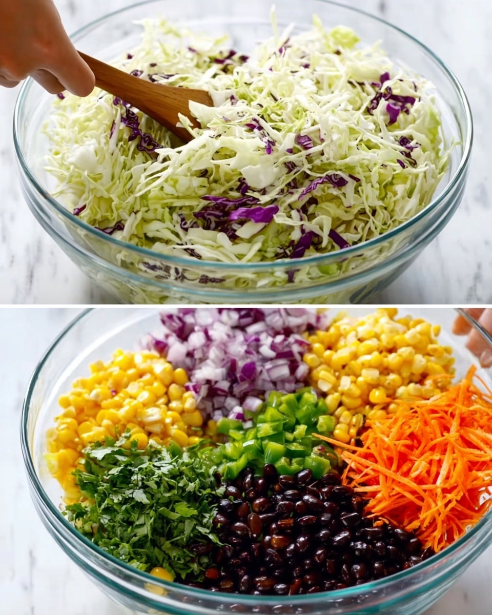 The first image shows a clear glass bowl filled with a mix of shredded cabbage, mostly light green and white, with some thin pieces of purple cabbage scattered throughout. The shredded cabbage looks fresh and finely sliced, filling the bowl almost to the top. The background has a white marbled texture. The second image shows a clear glass bowl held by a woman's hand, containing six groups of chopped vegetables arranged separately in sections inside the bowl. These include dark purple cabbage at the top right, black beans next to it on the right, yellow corn below the beans, bright orange chopped carrots below the corn, finely chopped red onions to the left of the carrots, and green chopped cilantro and green bell pepper filling the remaining spaces on the left side of the bowl. A wooden spoon is stirring the contents from the top right. The background is a white marbled texture. Photo taken with an iphone --ar 4:5 --v 7
