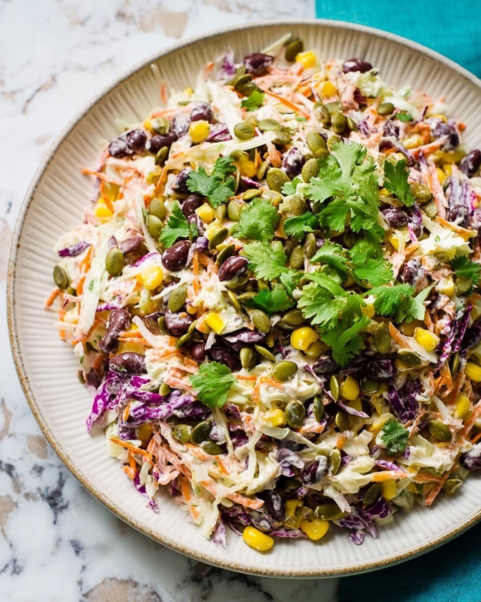A plate filled with a colorful salad sits on a white marbled surface. The salad has several layers: at the bottom are shredded white and purple cabbage with orange carrot shreds mixed in, giving a crunchy texture. Scattered throughout are black beans and small pieces of yellow corn, creating spots of dark and bright yellow color. Fresh green cilantro leaves and green pumpkin seeds cover the top, adding a fresh and nutty visual. The salad looks creamy, likely from a light dressing mixing all ingredients. The plate is white with subtle designs, complementing the fresh colors of the salad. Photo taken with an iphone --ar 4:5 --v 7