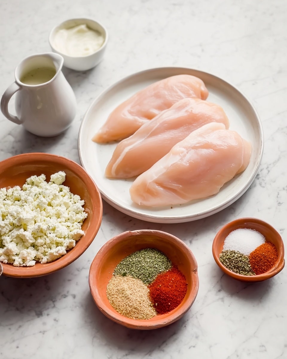 On a white plate in the center, there are three smooth, raw, pale pink chicken filets laid side by side. In front of the plate, a white bowl holds five separated piles of spices and herbs in small round sections: bright red, green, white, light brown, and dark brown. To the left of the plate, a small white bowl contains a mix of white and green crumbled cheese with a powdery texture on one side. Slightly behind, there is another white bowl with a soft white cream inside. To the far left, a white jug with a handle is filled with a white liquid. The whole setup sits on a white marbled surface. photo taken with an iphone --ar 4:5 --v 7