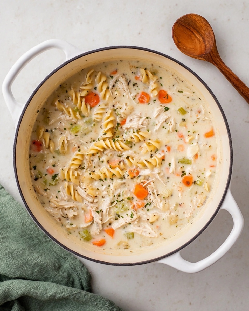 The image shows a white pot filled with creamy chicken noodle soup. Inside the pot, there are small orange carrot slices, green celery pieces, light yellow spiral noodles, and shredded white chicken mixed into the thick white broth. The pot rests on a white marbled surface, with a wooden spoon placed nearby and a green cloth partially visible on the lower left side. The soup looks rich and hearty, with the colors of the vegetables contrasting softly against the creamy base. Photo taken with an iphone --ar 4:5 --v 7