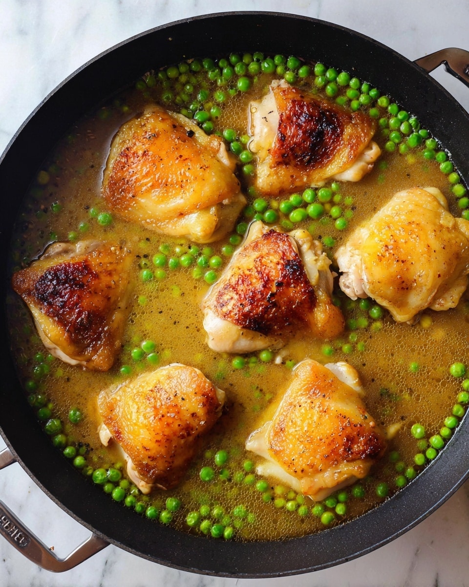 A black pan filled with six golden-brown chicken thighs partially submerged in a light brown broth, scattered with bright green peas. The chicken pieces have crispy skin with varied shades of golden and light brown, showing some texture and slight charring. The broth is clear with a smooth surface, allowing the green peas to float around the chicken, adding color contrast. The pan rests on a white marbled surface. Photo taken with an iphone --ar 4:5 --v 7