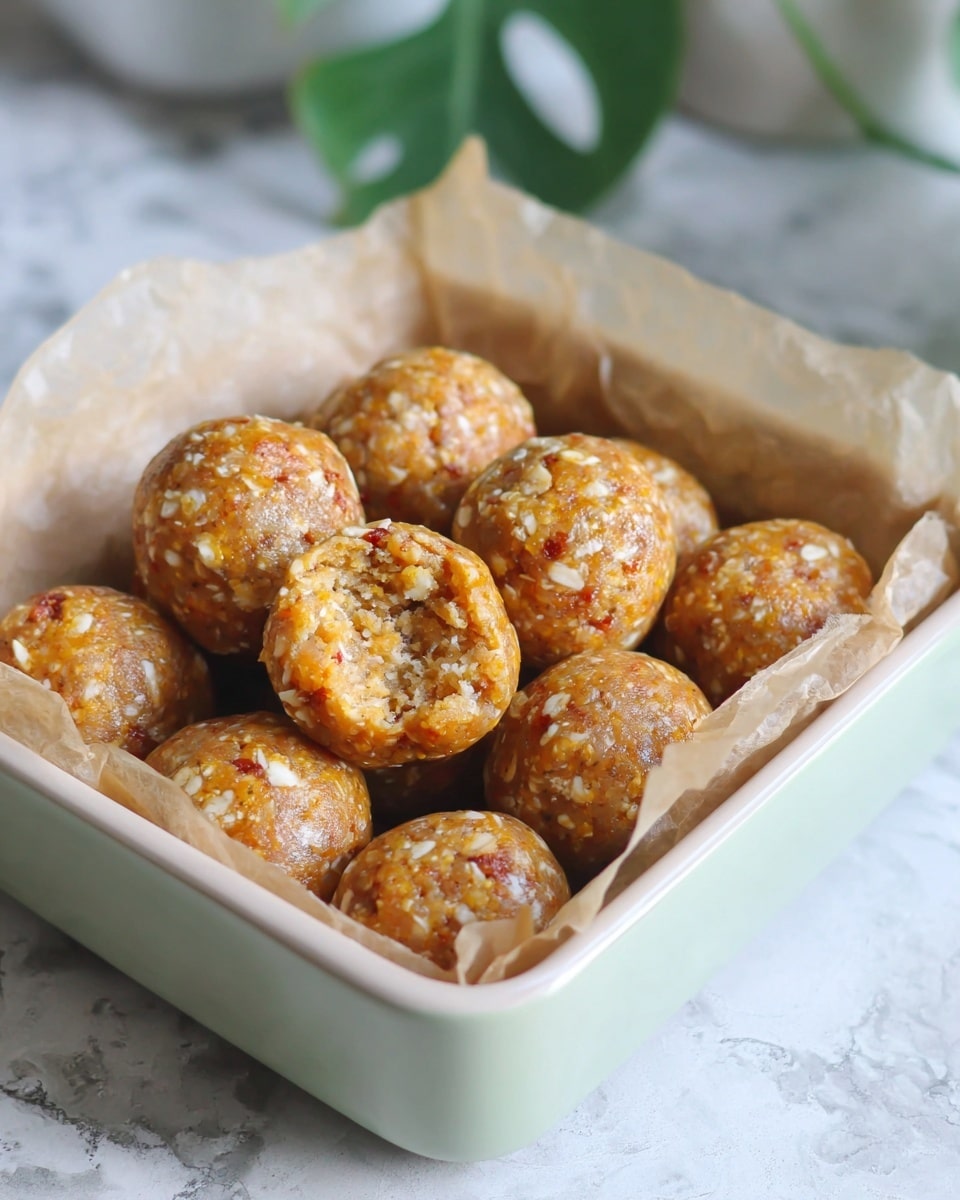 A light green square baking dish lined with brown parchment paper holds about a dozen round, golden-orange energy balls speckled with white nut bits and small darker spots, showing a textured and dense surface. One ball in the front center is bitten, revealing a moist, textured inside with oats and nut pieces clearly visible. The dish is placed on a white marbled surface with a blurred background that includes green leaves and white shapes. photo taken with an iphone --ar 4:5 --v 7