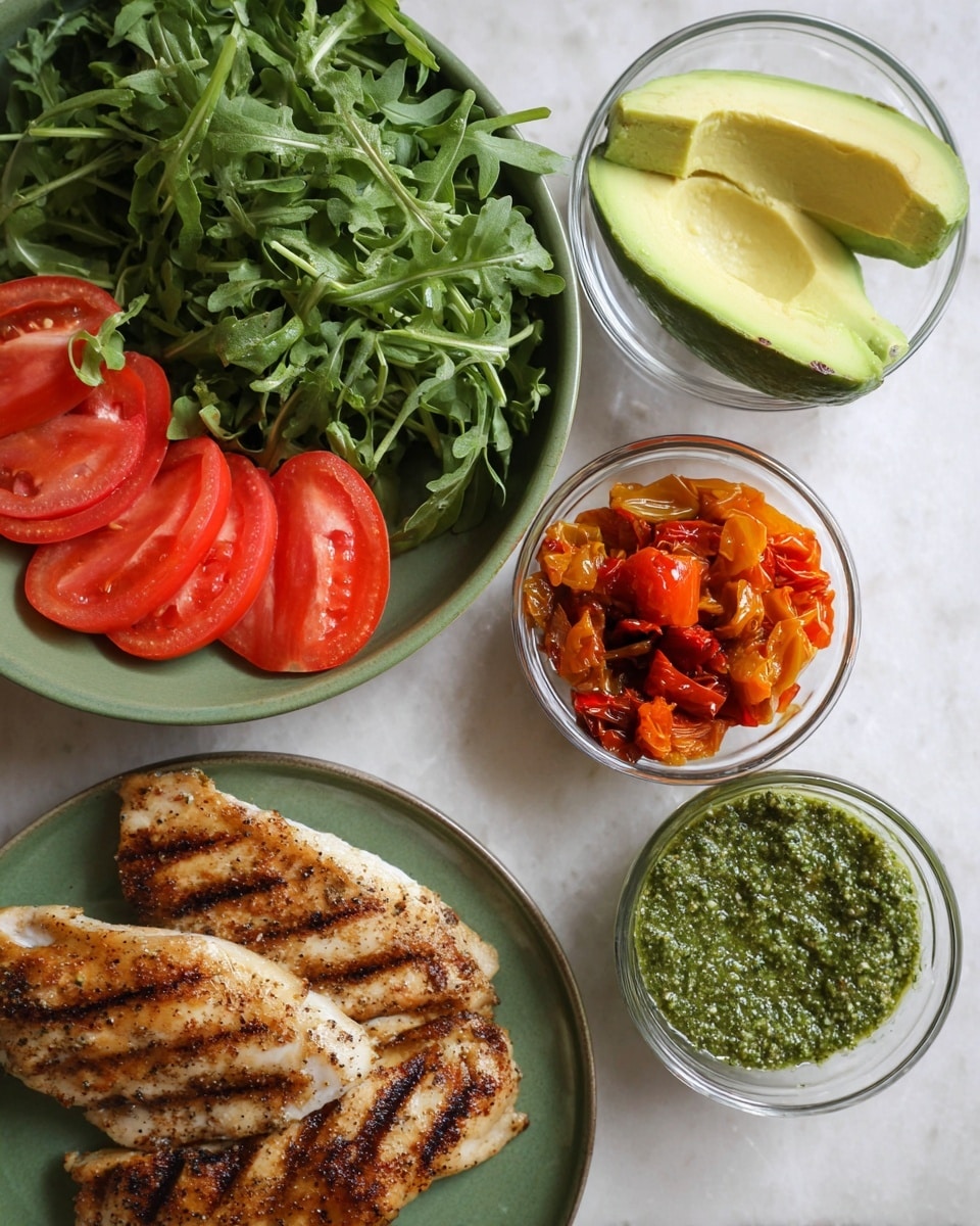 A white marbled surface holds a green bowl filled with fresh arugula leaves, three bright red tomato slices, and a half avocado with light green flesh. Nearby, two small clear glass bowls contain different condiments: one is filled with chunky, bright orange and red roasted peppers, and the other holds a coarse green pesto sauce. Below these, a green plate displays two grilled chicken pieces with clear char marks and a light browned, slightly crispy texture. photo taken with an iphone --ar 4:5 --v 7