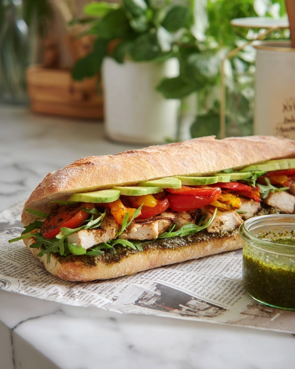 A long sandwich made with a light brown ciabatta bread cut open, filled with five visible layers: a base layer of dark green pesto spread on the bottom half of the bread, a layer of fresh green arugula leaves, several slices of red tomato, grilled white meat pieces with grill marks, and roasted orange and red bell peppers, topped with thin slices of pale green avocado on the top half of the bread. The sandwich is placed on paper resembling newspaper on a white marbled surface, with a small clear glass container of green sauce nearby. The background has green plants and soft focused kitchen items photo taken with an iphone --ar 4:5 --v 7