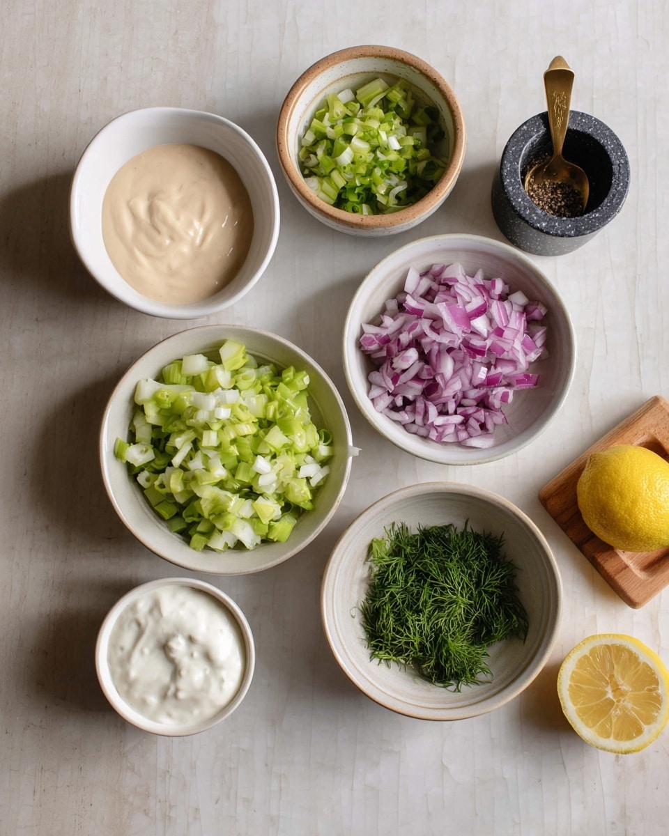 The image shows six small white bowls arranged on a white marbled surface. The top left bowl contains a light beige creamy sauce with a smooth texture. Below it, there is a bowl filled with small pale green chopped celery pieces. To the right of the celery, a bowl holds shiny, deep purple chopped red onions. Above the onions, a light brown bowl contains bright green chopped scallions with a mix of white and green rings. To the right of the onions, a small white bowl has finely chopped fresh green herbs, likely dill. Below the herb bowl, another white bowl contains a smooth white creamy sauce. In the upper right corner, part of a halved yellow lemon is visible. Nearby is a black mortar with ground black pepper and a small wooden salt box with a golden spoon. Photo taken with an iphone --ar 4:5 --v 7