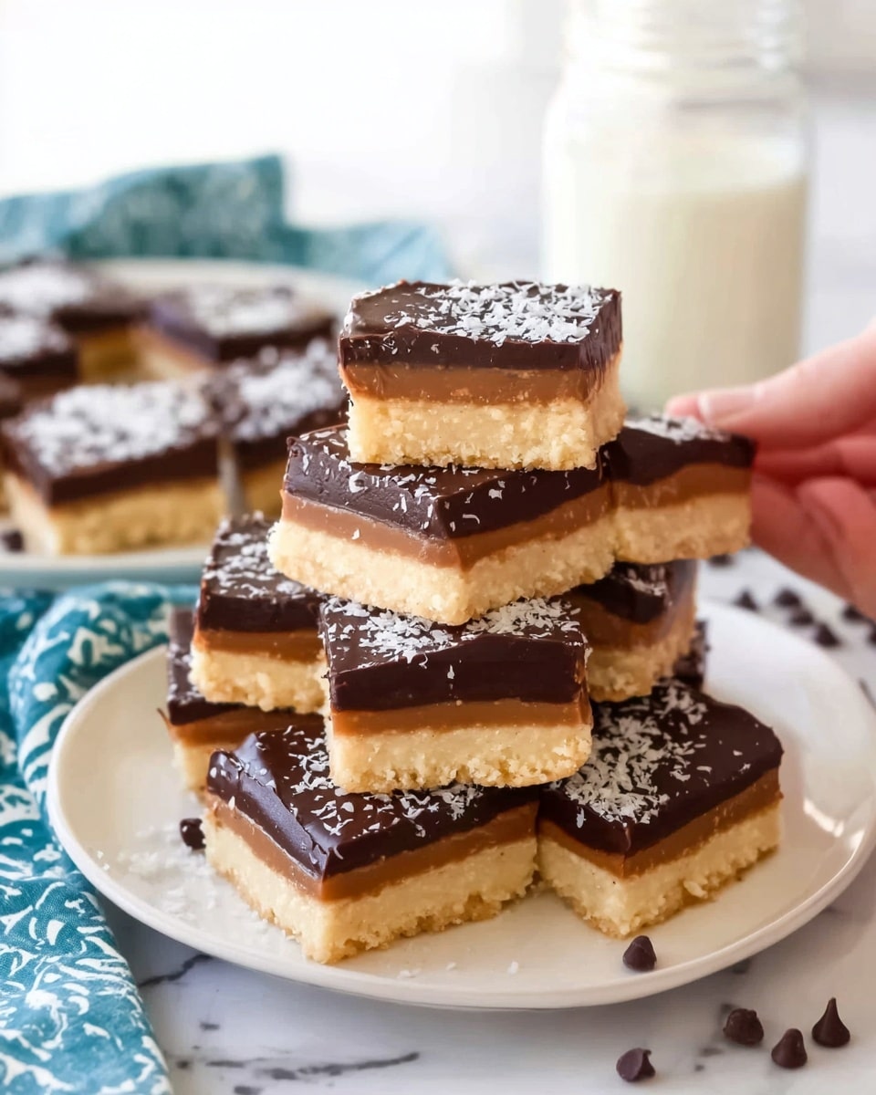 The image shows a stack of square dessert bars on a white plate. Each bar has three clear layers: a thick, pale yellow base layer with a firm texture, a thinner, darker brown middle layer that looks smooth and rich, and a glossy dark chocolate top layer sprinkled with white flaky bits. One square is being held by a woman's hand above the plate. There are a few small chocolate chips scattered on the white marbled surface around the plate. In the background, there's a glass jar filled with milk and a piece of a white plate with more bars, all set on a white marbled table with a blue and white patterned cloth. Photo taken with an iphone --ar 4:5 --v 7