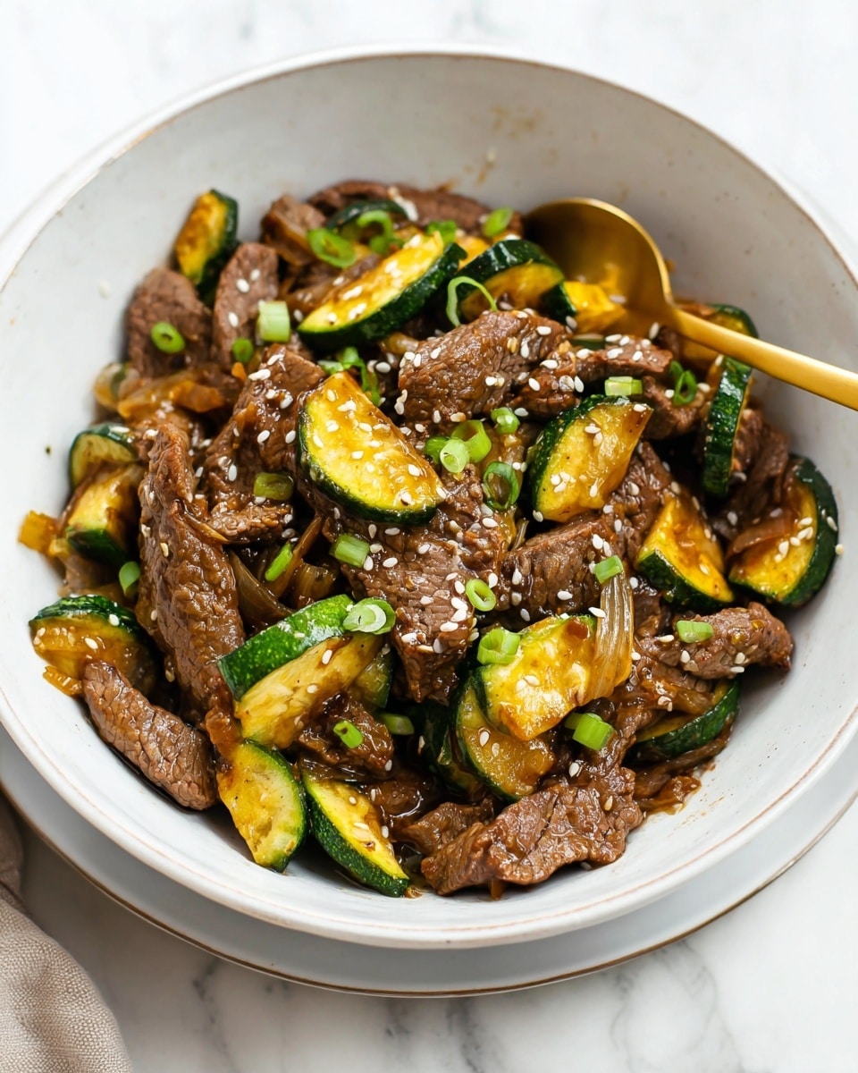 This image shows a white bowl filled with cooked beef strips mixed with green zucchini pieces and caramelized onions. The beef is brown with a slightly glossy texture, while the zucchini pieces are green with yellow flesh, some showing slight browning from cooking. The dish is sprinkled with small white sesame seeds and chopped light green scallions on top. The bowl is placed on a white plate, and there is a golden spoon inside the bowl. The background is a white marbled surface. photo taken with an iphone --ar 4:5 --v 7