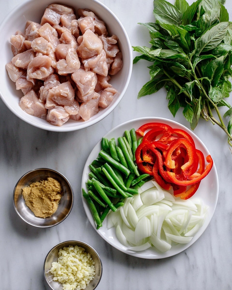 The image shows a white bowl filled with pale pink raw meat pieces at the top center. Below it, there is a white plate with different vegetables arranged in sections: quartered white onions, green beans cut into pieces, and sliced red bell peppers. To the right of the plates, there are fresh green herbs including basil and cilantro placed on a white marbled surface. Below the herbs, a small silver bowl contains two portions of finely chopped ingredients, one light yellow and one beige. The photo was taken with an iphone --ar 4:5 --v 7