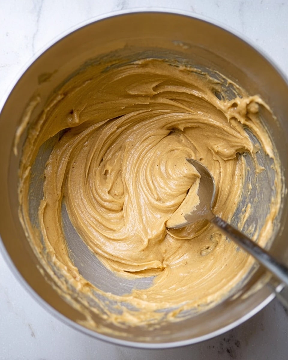 The image shows a close-up of a shiny metal bowl containing smooth, light brown dough or batter being mixed with a metal spoon. The dough has a thick texture with swirls and soft peaks, mostly spread around the inside of the bowl and in a small mound near the spoon. The spoon is partially inside the bowl, with some batter clinging to it. The shiny bowl reflects light softly, contrasting with the creamy dough. The surface underneath is a white marbled texture. Photo taken with an iphone --ar 4:5 --v 7