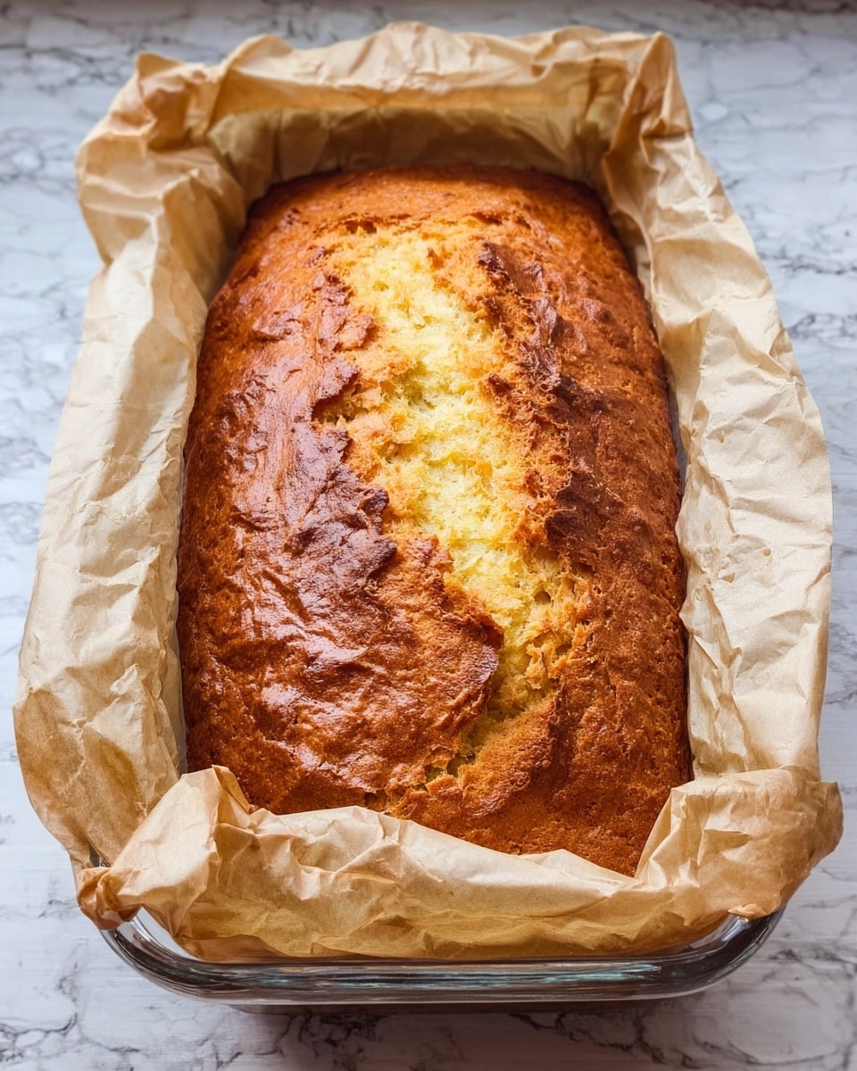 A single loaf of golden brown bread with a rough cracked top crust sits in a clear glass baking dish lined with wrinkled cream parchment paper, showing soft, moist, yellow inside edges peeking through the split on top. The glass dish rests on a white marbled surface. Photo taken with an iphone --ar 4:5 --v 7