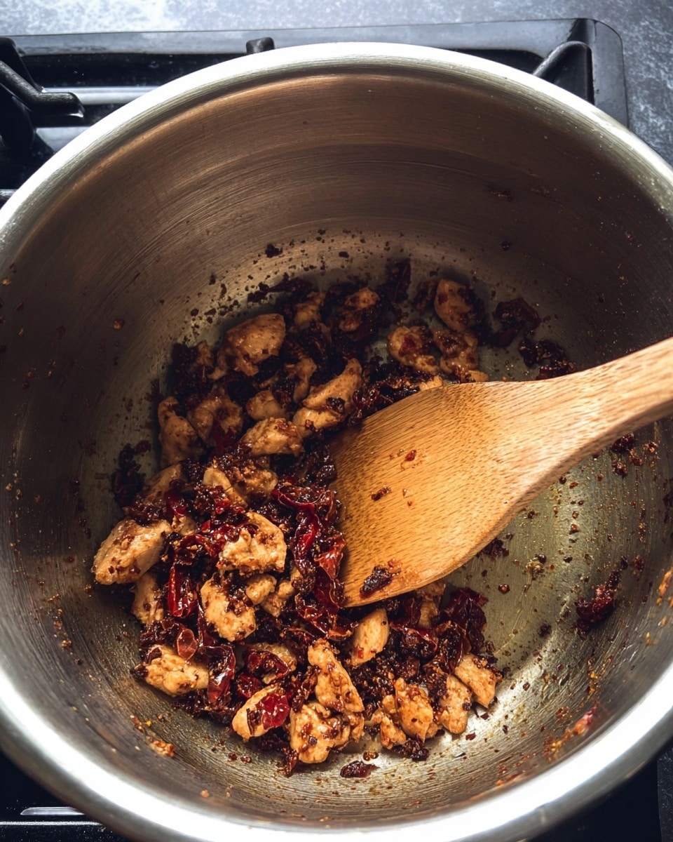 Inside a shiny silver pot, small brown pieces of cooked chicken mixed with dark red bits of sun-dried tomatoes sit mostly around the edges, leaving the center clearer but stained with cooked spices. A light brown wooden spoon rests inside the pot on the right side, its bowl touching the bottom with visible seasoning stuck on it. The pot is set on a black stove with some parts visible around the edges. photo taken with an iphone --ar 4:5 --v 7