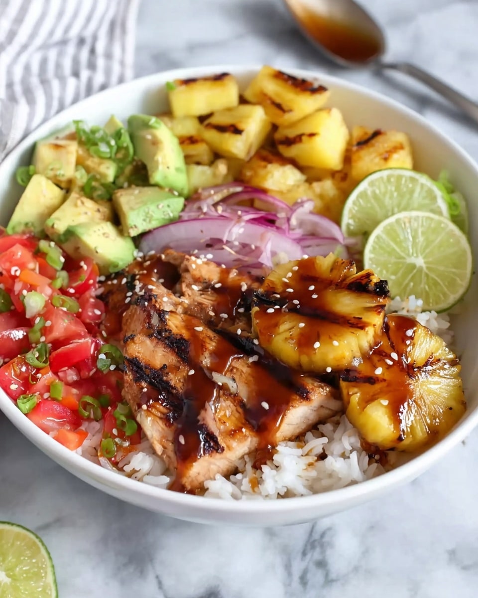 A white bowl filled with several layers starting from the bottom with white rice. On top, there are grilled pineapple chunks coated with a shiny brown sauce placed in the front right side. Next to the pineapple, on the left, are small pieces of avocado with a bright green color. To the left of the avocado are small tomato pieces mixed with thinly sliced pickled red onions. On the back right side, a grilled piece of meat with light brown grill marks sits under a drizzle of dark brown sauce and sprinkled sesame seeds. Bright green lime wedges are placed next to the meat. The bowl is set on a white marbled surface and a spoon is visible in the top right corner. Photo taken with an iphone --ar 4:5 --v 7