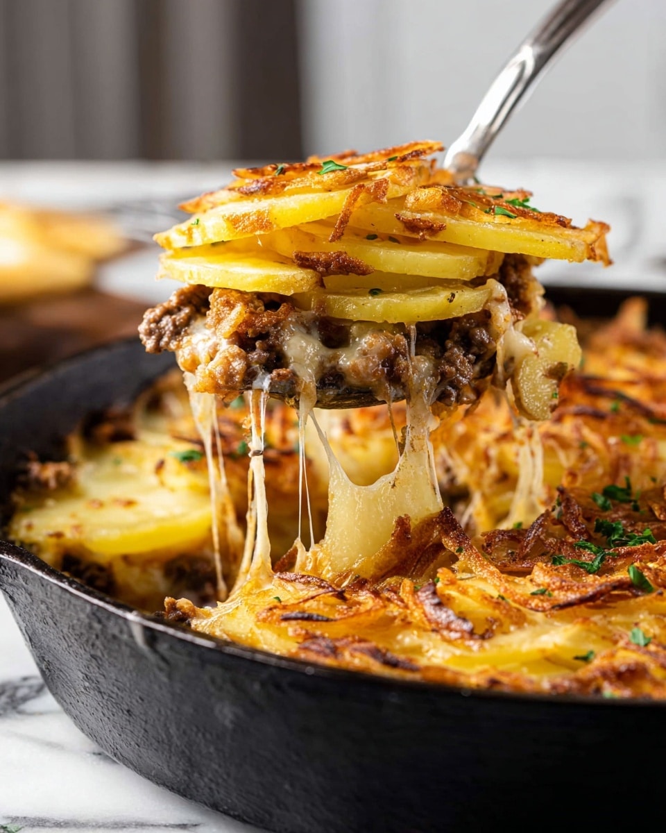 The image shows a close-up of a spoon lifting a portion of a layered dish from a black cast iron pan on a white marbled surface. The dish has about three main layers: the top layer is golden-brown, crispy fried onions, underneath which there are thick, soft slices of yellow potatoes with slightly browned edges. Below the potatoes is a layer of browned ground meat, all held together by melted cheese that stretches in long strings from the pan to the spoon. Some small green herb bits are sprinkled on top for a touch of color. Photo taken with an iphone --ar 4:5 --v 7